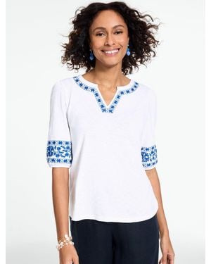 Talbots Embroidered Split Neck Top - White