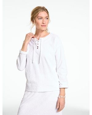 Talbots Floral Jacquard Terry Lace-up Pullover Sweater - White