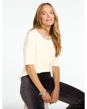 Talbots Polished Ponte Jewel Neck Elbow Sleeve Top - White