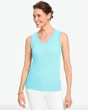 Talbots Crochet Trim Ribbed Sleeveless Tank Top - Blue