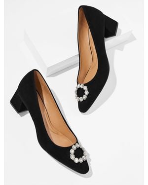 Talbots Kayla Embellished Suede Block Heel Court Shoes - Black