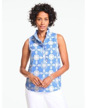 Talbots Embroidered Ruffle Neck Top - Blue