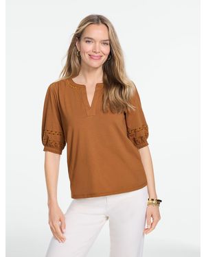 Talbots Zig Zag Stitch Elbow Sleeve Top - Brown