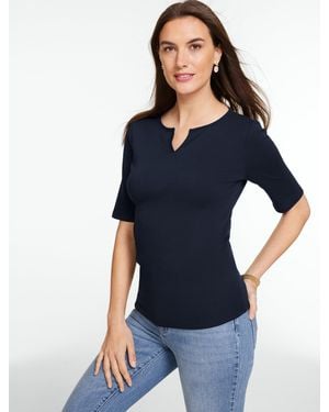 Talbots Elbow Sleeve Split Neck T-shirt - Blue
