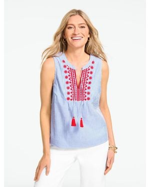 Talbots Breezy Stripe Seersucker Embroidered Shell Sweater - White