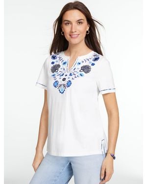 Talbots Embroidered Split Neck Tunic Top - White