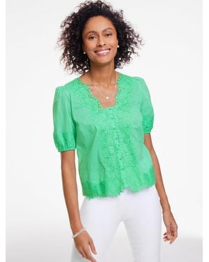 Talbots Lace Trim Voile Elbow Sleeve Top - Green
