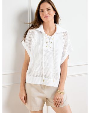 Talbots Plus Size Open Knit Lace Up Poncho - White