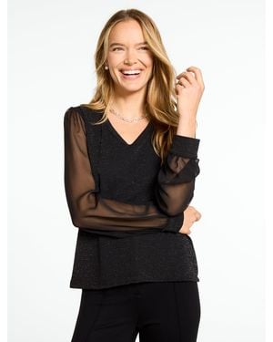 Talbots Mixed Media Metallic V-neck Top - Black