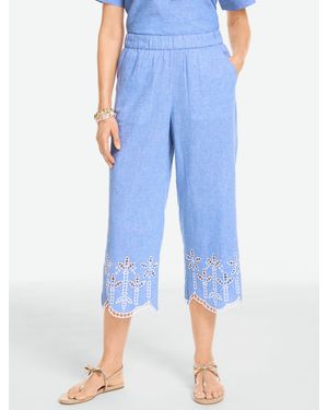 Talbots Embroidered Washed Linen Wide Crop Pull-on Pants - Blue