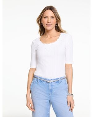 Talbots Lace Trim V-neck Ribbed Top - White