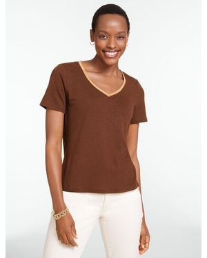 Talbots Beaded Linen Blend V-neck T-shirt - Brown