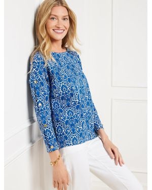 Talbots Button Sleeve Crewneck T-shirt - Blue