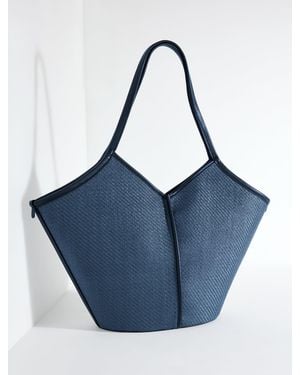 Talbots Essential Diamond Straw Tote With Leather Trim - Blue