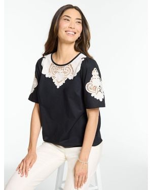 Talbots Embroidered Short Sleeve Poplin Top - Black