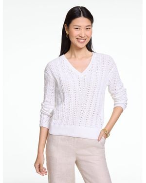 Talbots Chevron Pointelle V-neck Pullover Sweater - White