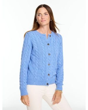Talbots Tweed Cable Knit Crewneck Cardigan Sweater - Blue