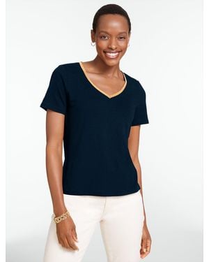 Talbots Beaded Linen Blend V-neck T-shirt - Blue