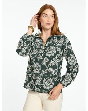 Talbots Jardin Embroidered Ruffle Popover Shirt Top - Green