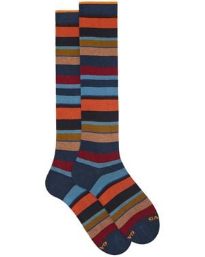 Gallo Long Warm Cotton Socks With Multicoloured Stripes - Blue
