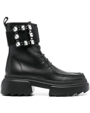 Roger Vivier Wallaviv Strass Buckle Leather Boots - Black