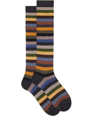 Gallo Long Warm Cotton Socks, Even Stripes - Blue