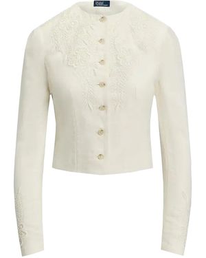 Polo Ralph Lauren Cropped Linen Blazer With Floral Embroidery - White