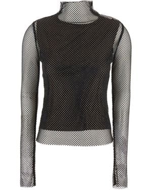 Sportmax Sheer Fishnet Long-Sleeve Fitted Top With High Neck - Black
