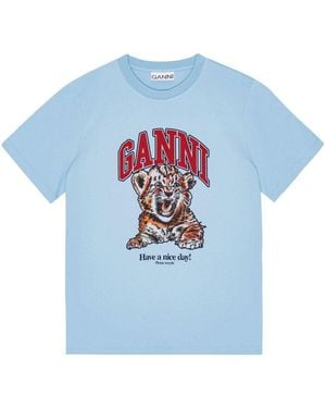 Ganni Tiger Organic Cotton T-Shirt - Blue