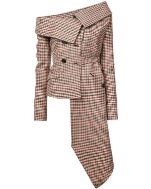 Monse Plaid Asymmetric Off Shoulder Blazer - Brown