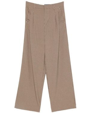 White Sand Checked Wide-Leg Trousers - Brown