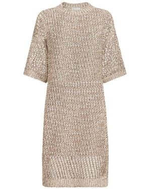 Brunello Cucinelli Wool And Silk Midi Dress - Natural