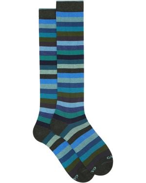 Gallo Long Warm Cotton Socks, Even Stripes - Blue
