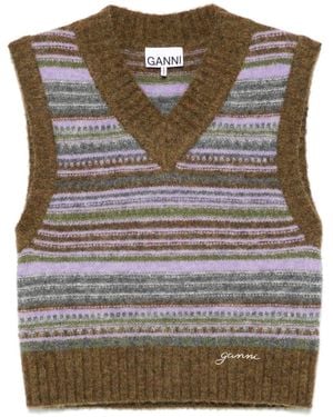 Ganni Striped V-Necked Vest - Grey