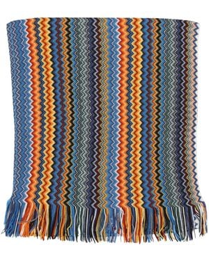 Missoni Zigzag-Pattern Knit Fringed Scarf - Blue