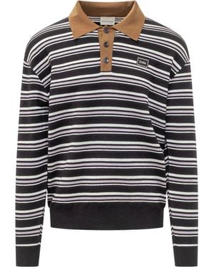 Drole de Monsieur Striped Knit Long Sleeve Polo Shirt - Grey