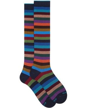Gallo Long Warm Cotton Socks, Even Stripes - Blue