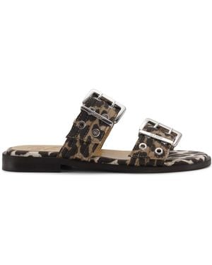 Ganni Animalier Flat Sandal With Buckles - Black