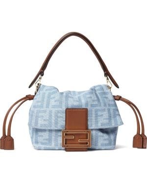 Fendi Mamma Baguette Small Denim Handbag - Blue