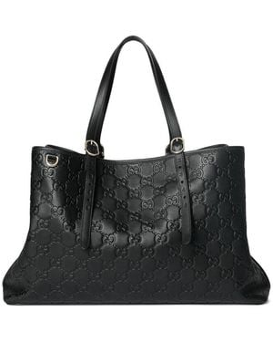 Gucci Gg Emblem Large Leather Tote - Black