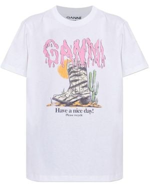Ganni Printed Cotton T-Shirt - White