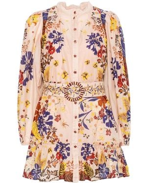 FARM Rio Floral Print Mini Dress With Lace Collar And Ruffled Hem - Pink