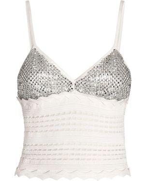 Genny Knitted Top With Rhinestone Mesh - White
