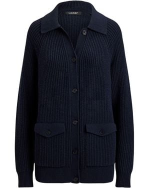 Ralph Lauren Wool-Blend Rib-Knit Collared Cardigan - Blue
