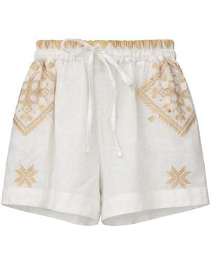 Greek Archaic Kori Drawstring Embroidered Linen Shorts - White
