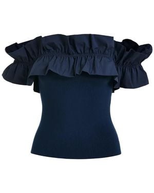 Essentiel Antwerp Jacqua Off Shoulder Ruffle Knit Top - Blue