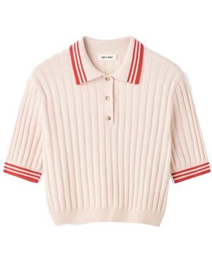 Soft Goat Striped Pique Cashmere Polo Top - Pink