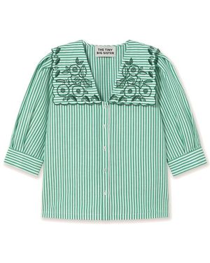 The Tiny Big Sister Striped Embellished Scallop Collar Blouse - Green