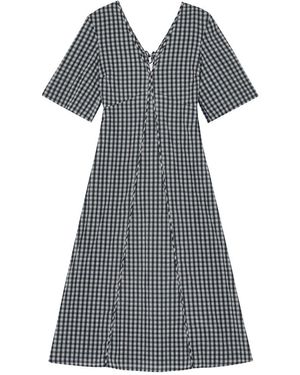 Ganni Seersucker Check V Neck Long Dress - Blue