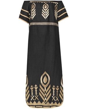 Greek Archaic Kori Feather Off Shoulder Linen Dress - Black
